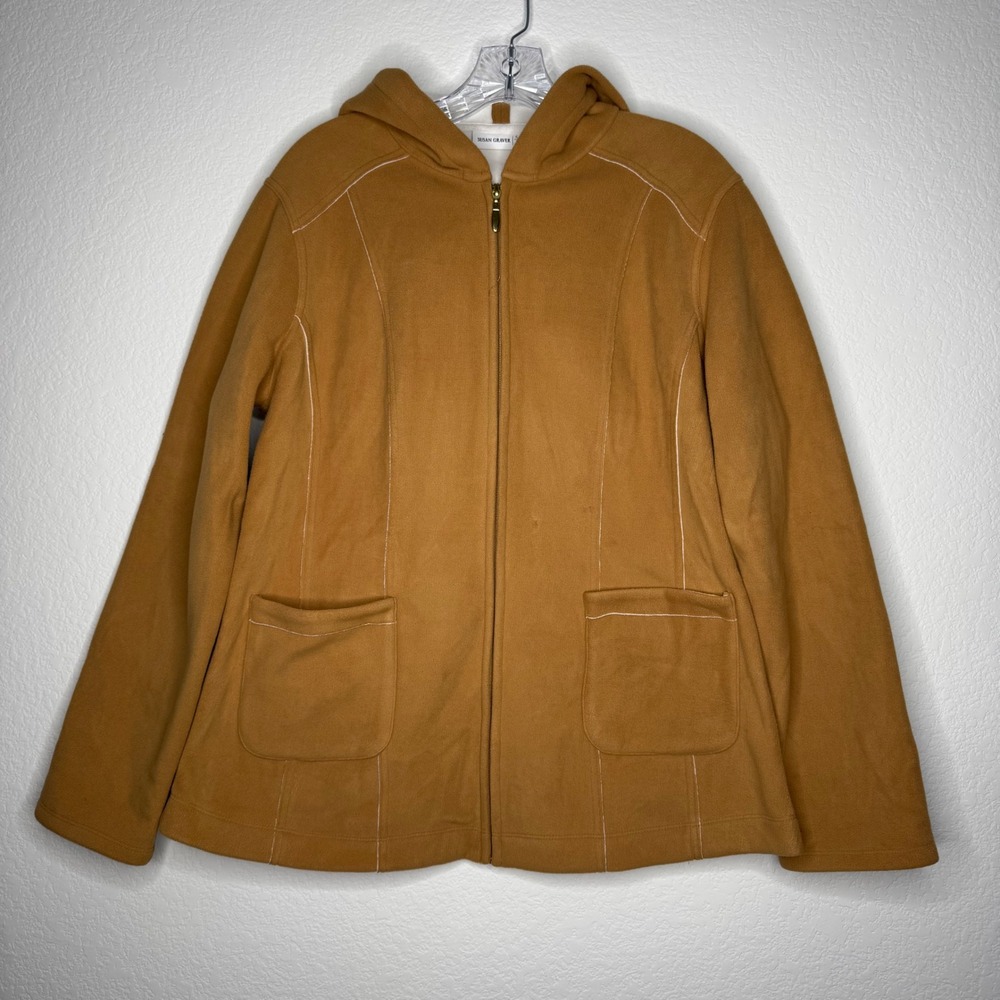 Susan Graver Camel Brown Fleece Zip Up Hoodie Jacket Womens Sz M Contrast Stitch